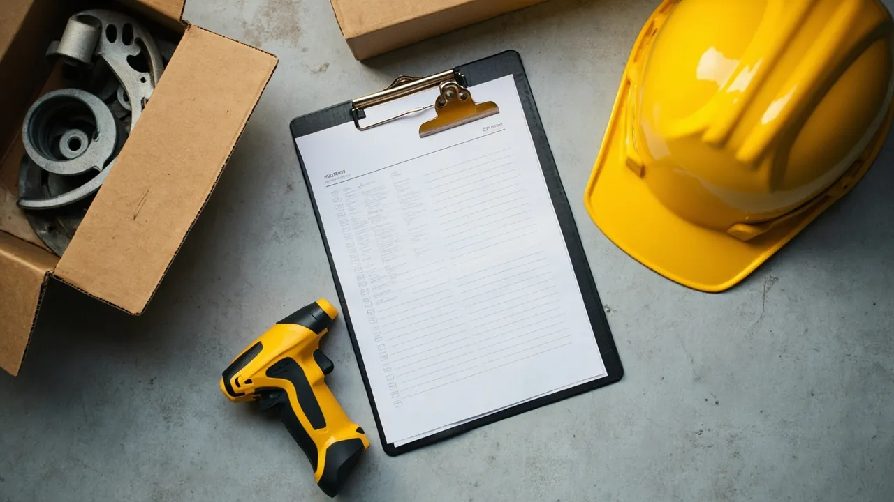 Top-down view of a barcode scanner on a warehouse desk next to a yellow hard hat and a cardboard box of parts