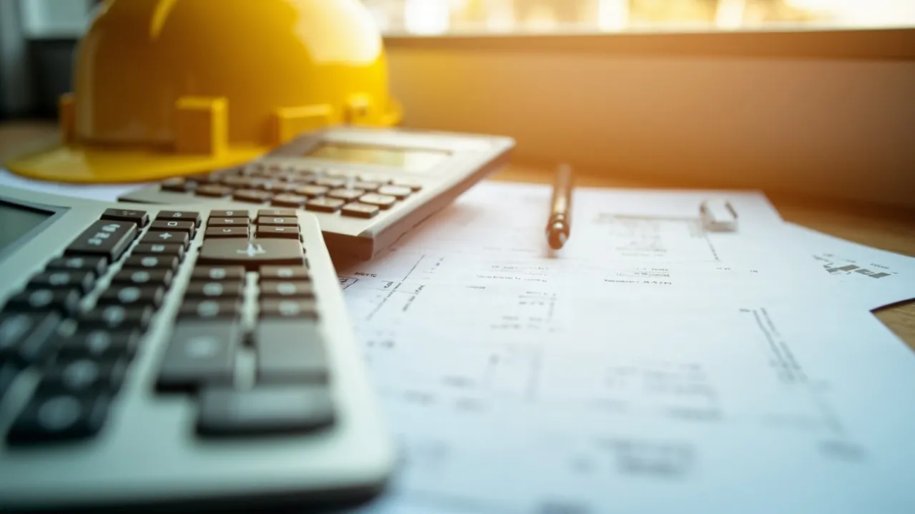 Top-down view of a construction company office desk with calculator, invoice papers and a yellow hard hat near a window with warm light