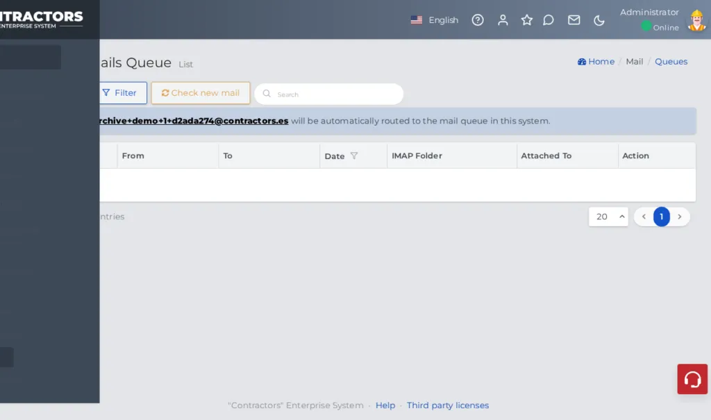 Contractors.es mail queue with a dedicated archive email address