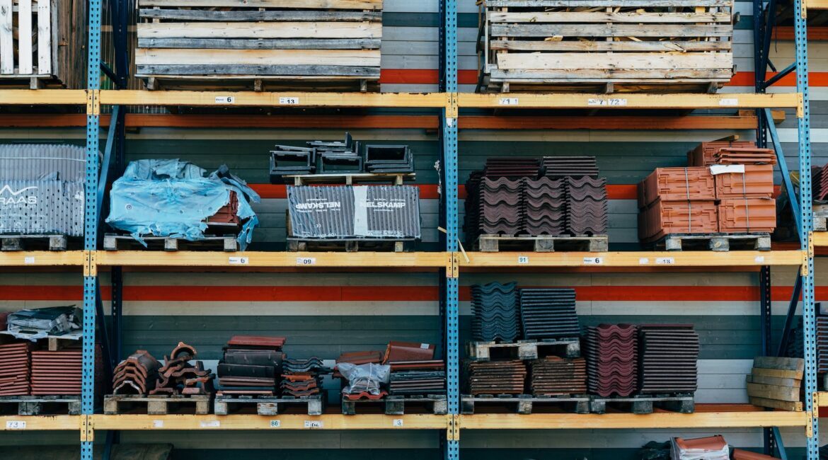 a shelf filled with lots of different types of bricks