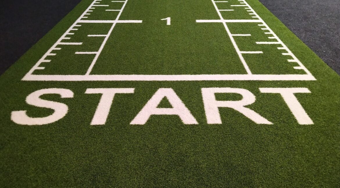 a football field with the words start written on it