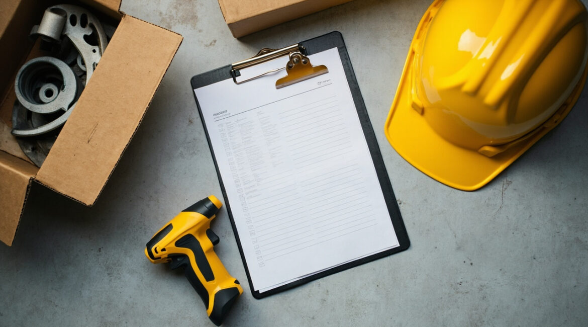 Top-down view of a barcode scanner on a warehouse desk next to a yellow hard hat and a cardboard box of parts