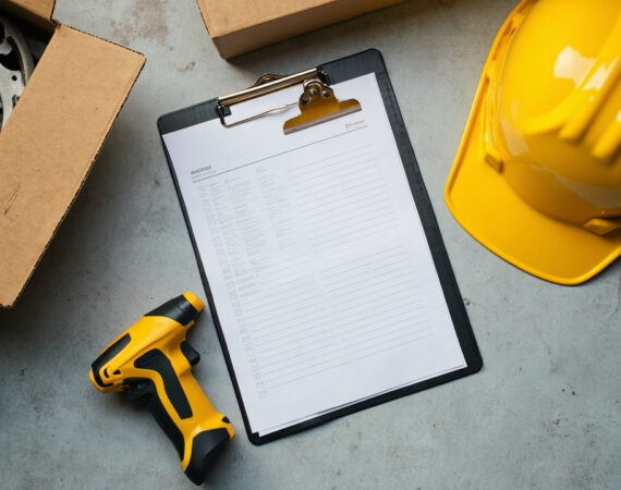 Top-down view of a barcode scanner on a warehouse desk next to a yellow hard hat and a cardboard box of parts