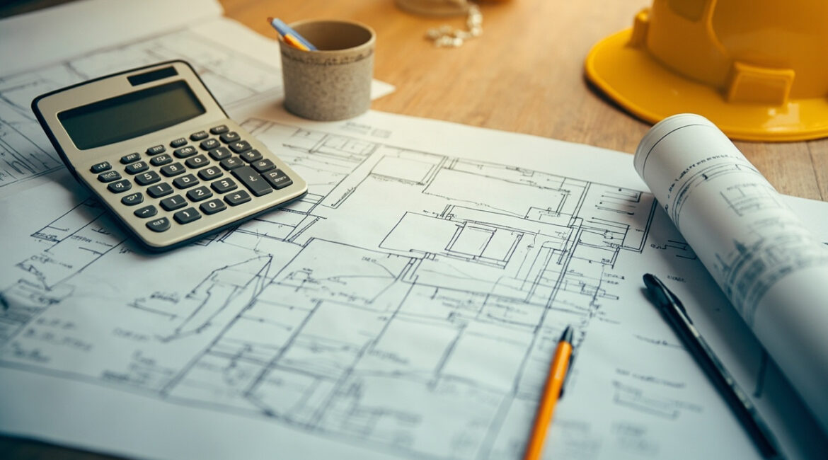 Construction project desk with rolled blueprints, calculator and yellow hard hat