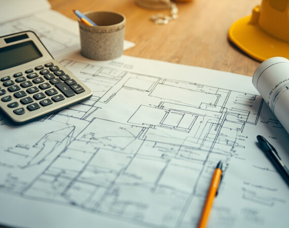 Construction project desk with rolled blueprints, calculator and yellow hard hat