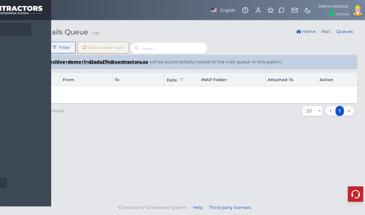 Contractors.es mail queue with a dedicated archive email address