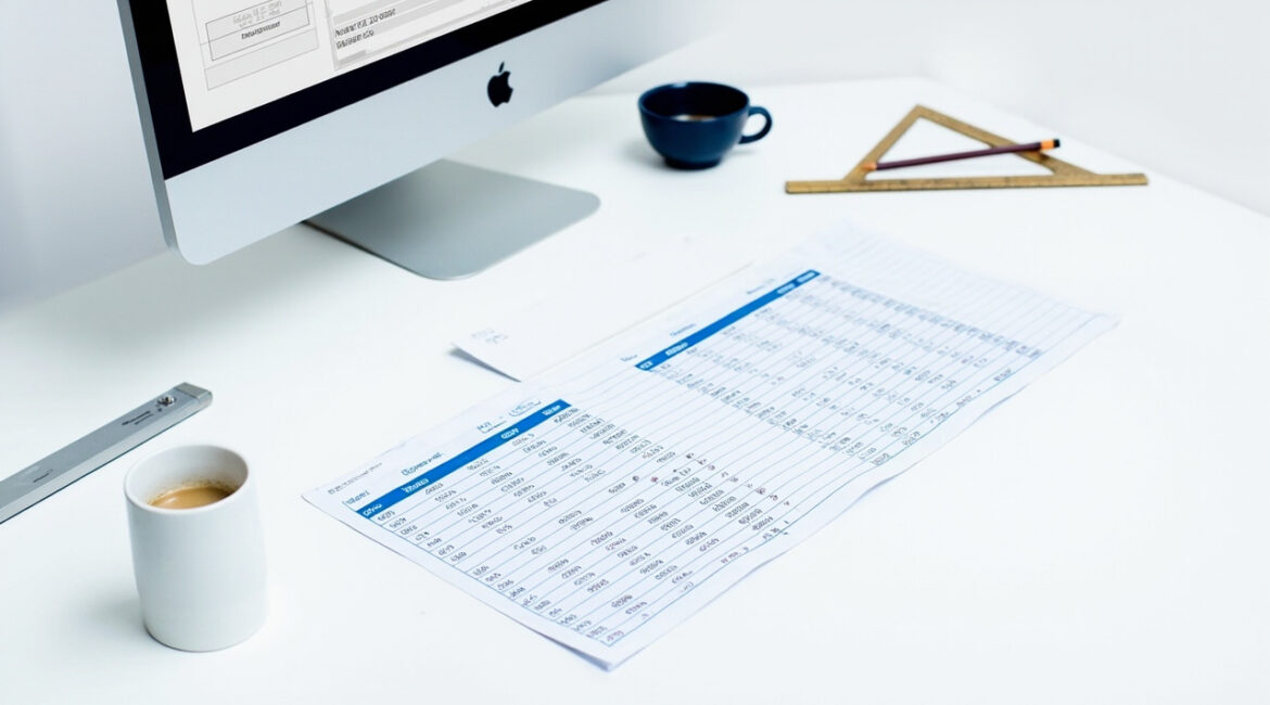Construction cost estimate spreadsheet on a desk
