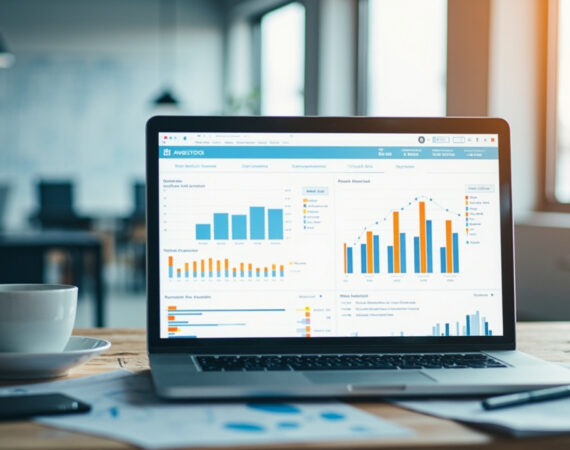 Laptop with analytics dashboard in a construction office