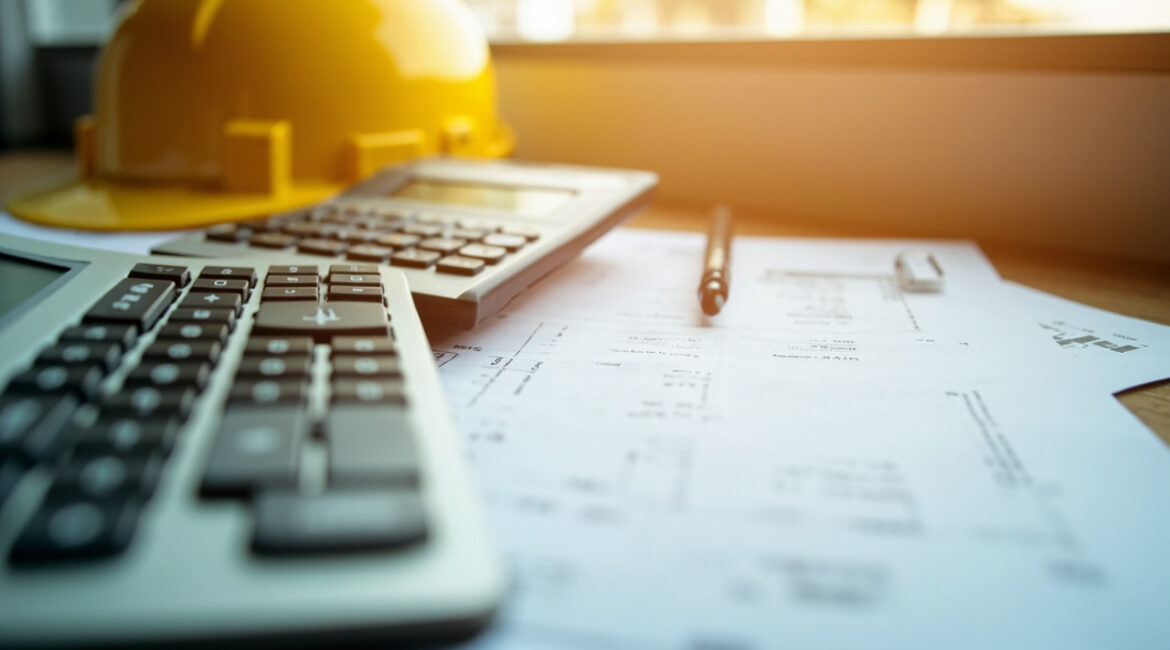 Top-down view of a construction company office desk with calculator, invoice papers and a yellow hard hat near a window with warm light